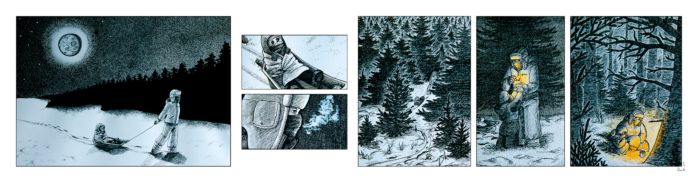 Nam-Ken tekemä sanaton sarjakuvajuliste aikuisen ja lapsen matkasta talviseen metsään sytyttämään hautakynttilän.