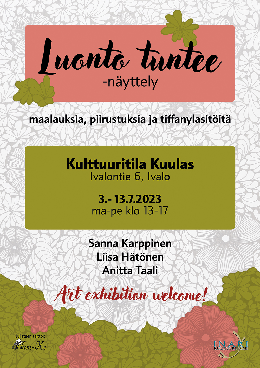 Nam-Ken taittama Luonto tuntee -taidenäyttelyn mainosjuliste 2023.